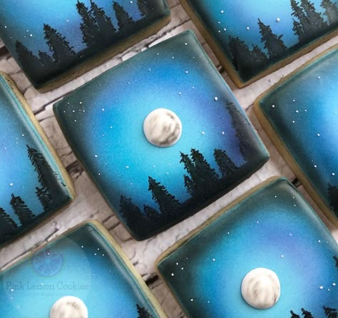 Moon Cookies Decorated, Celestial Cookies, Moon In Sky, Moon Cookies, Night Sky Moon, Forest Silhouette, Party Cookies, Sky Moon, Christmas Cookies Decorated