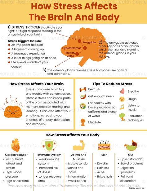 How Stress Affects The Brain And Body Handout for Kids and Teens Self Help Skills, Mental Health Center, Brain Facts, Mental Health Facts, Mental Health Therapy, Body Therapy, Teaching Children, Coping Strategies, Health Center