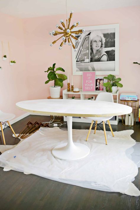 Ikea DOCKSTA Table Hack! - A Beautiful Mess Mariedamm Table Ikea, Ingatorp Table Hack, Diy Oval Dining Table, Ikea Tulip Table, Ikea Docksta Table, Ikea Dining Table Hack, Tulip Table Decor, Diy Pedestal Table, Ikea Docksta