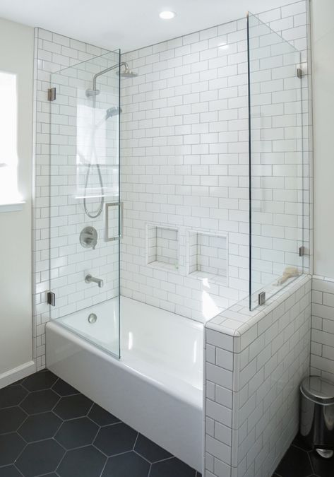 Tub Shower Half Wall, Bathtub With Glass Surround, Bathroom Remodel With Bathtub Shower Combo, Mini Tub Shower Combo, Half Tub Shower Combo, Footed Tub Small Bathroom, Shower Bath Combo Glass Door, Large Tub And Shower Combo, Glass Doors On Shower Tub