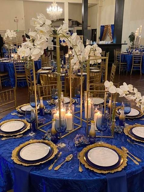 Royal Blue And Gold Quinceanera Tables, Gold And Blue Wedding Decorations, Royal Blue And Champagne Gold Wedding Decorations, Royal Blue Reception Decorations, Blue And Gold Quince Decorations, Royal Blue Decorations Wedding, Royal Blue And Gold Quinceanera Centerpieces, Royal Blue Quinceanera Centerpieces, Royal Blue And Gold Quinceanera Decorations