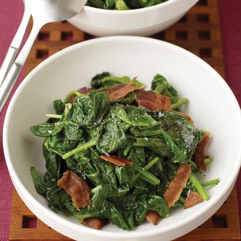 Sauteed Spinach Recipe | Martha Stewart Spinach With Bacon, Cooked Spinach, Spinach And Bacon, Bacon In The Oven, Martha Stewart Recipes, Sauteed Spinach, Green Bean Recipes, Spinach Recipes, Healthy Sides