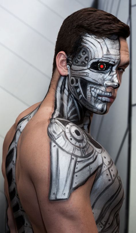 I Spent 5 Hours Turning A Man Into A Half-Man, Half-Robot Hybrid | Bored Panda Robot People, Face Painting Men, Robotic Makeup, Robot Makeup Cyborgs, Terminator Makeup, Face Paint For Men, Guys Halloween Makeup, Robot Fashion, Body Painting Men