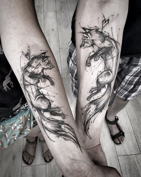 Fox Matching Tattoos, Eternal Love Tattoo Couple, Fox Spine Tattoo, Matching Fox Tattoos, Fire Fox Tattoo, Idk Tattoo, Fox Tattoo Meaning, Fox Tattoo Ideas, Infinity Tattoos For Couples