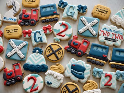 Chugga Chugga Two-Two Birthday Cookies | Simply Renee Sweets Train First Birthday, Cookie Template, Train Birthday Theme, Train Theme Birthday Party, Train Cookies, 2nd Birthday Party For Boys, 2nd Birthday Boys, Two Two, Train Theme