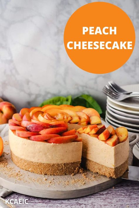 Cheesecake With Peach Topping, No Bake Peach Cheesecake Easy Recipes, No Bake Cheesecake Peach, Peach Graham Cracker Dessert, Peach Lush Dessert, Spring Cheesecake Flavors, Peach Mousse Recipe, Peach Topping For Cheesecake, White Peach Dessert