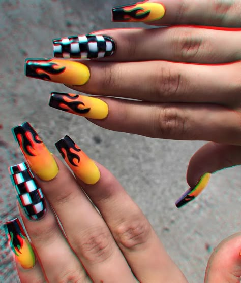 ⠀⠀⠀⠀⠀⠀⠀⠀⠀⠀⠀⠀⠀⠀⠀BADGAL BLVD. on Instagram: “Nail drip 🏁🔥 Yes or No? Tag someone that would rock these 😍😍 #inspo” Checkered Nails, Black Coffin Nails, Nails Tumblr, Black Nail Designs, Blue Nail, Black Nail, Instagram Nails, Summer Acrylic Nails, Coffin Nails Designs