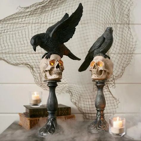 25+ Spookiest and Creepiest Halloween Decor Ideas Inspired by Skull and Skeletons » EcstasyCoffee Halloween Mantel Decor, Halloween Mantel, Creepy Halloween Decorations, Halloween Cans, Skeleton Decorations, Black Birds, Elegant Halloween, Halloween Tattoo, Grandin Road