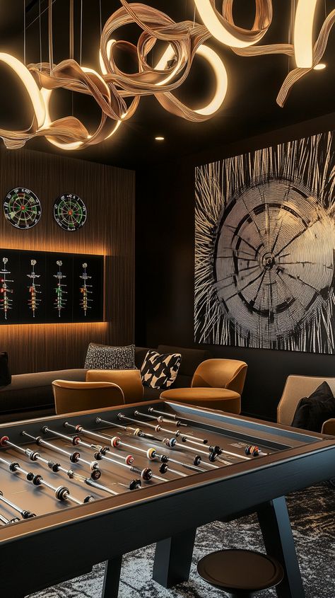 Unleash your fiery Aries energy in this vibrant game room! 🎯🎱 Enjoy epic matches on the foosball table & dart board, surrounded by bold wall art. Relax on comfy seating under dynamic lighting. The ultimate fun space for the bold and spirited! 🔥✨ #GameRoomGoals #AriesVibes Adult Game Room, Luxury Game Room, Dart Board Games, Aries Energy, Dart Board Wall, Bold Wall Art, Dynamic Lighting, Darts Game, Foosball Table