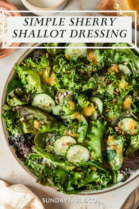 Sometimes all you need to top off a meal is a simple salad. This recipe for green salad with sherry shallot dressing is easy, quick, & it's the perfect side for any dinner. With lemon, Dijon, and honey, this sherry shallot vinaigrette is healthy & full of flavorful. The salad has butter lettuce, green leaf lettuce, parmesan, sunflower seeds, & cucumbers - so simple! This is one of my favorite recipes for dinner parties or weeknights. It's the perfect tossed salad for a crowd. Everyone loves it! Shallot Dressing Vinaigrette Recipe, French Green Salad, Green Leaf Lettuce Salad Recipes, Butter Lettuce Salad Recipes, Sherry Shallot Dressing, Green Salads For Parties, Tossed Salad For A Crowd, Mixed Green Salad Recipes, Shallot Dressing