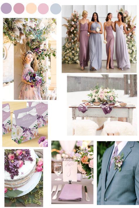 Lavender Pink Wedding Theme, Blue Pink Lavender Wedding, Pale Blue And Purple Wedding, Pink Purple Blue Wedding Color Palettes, Pink Purple Blue Wedding, Lilac And Cream Wedding, Dusty Blue And Lavender Wedding, Pink Purple Wedding Theme, Pale Purple Wedding