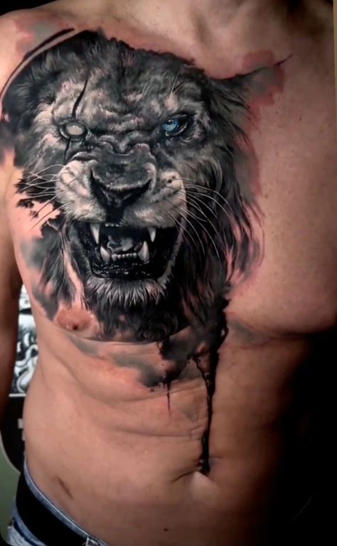 Dark Lion Tattoo, Wolf Chest Tattoo Men, Lion Cover Up Tattoo, Lion Wolf Tattoo, Wolf Chest Tattoo, Lion Chest Tattoo, Egyptian Eye Tattoos, Evolution Tattoo, Full Chest Tattoos