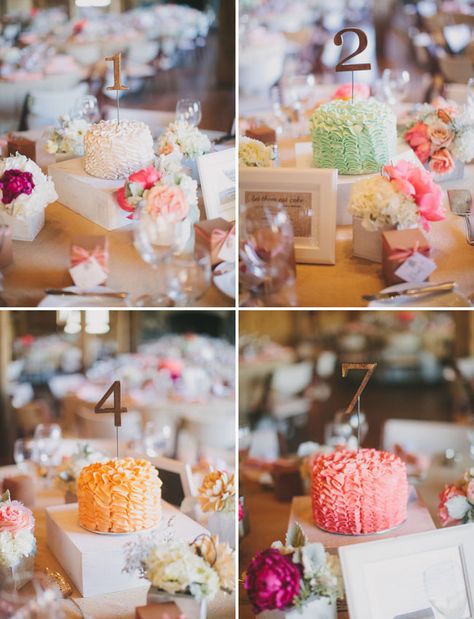 Mini cakes with table numbers for the centerpieces! So fun! Wedding Cake Centerpieces, Edible Centerpieces, Cake Centerpieces, Colorado Ranch, Mini Wedding Cakes, Individual Cakes, Naked Cakes, Ceremony Backdrop, Cabbage Patch Kids