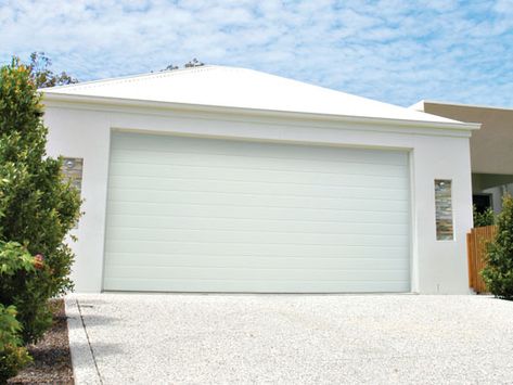 Colorbond Garage Door - Slimline profile, Surfmist colour Dover White Colorbond, White Garage Doors, Garage Door Colors, Metal Garage Doors, Garage Door Panels, Dover White, Garage Service Door, Roller Doors, Hip Roof