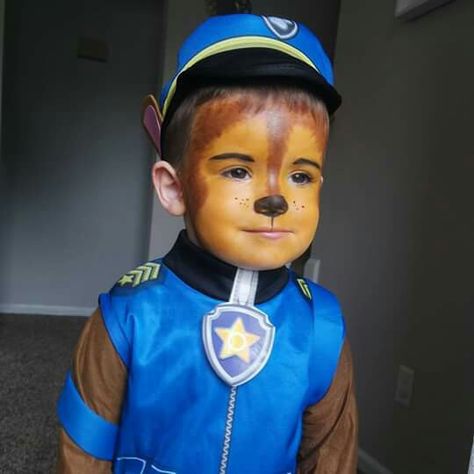 Chase from Paw Patrol Halloween makeup Paw Patrol Face Paint, Chase Paw Patrol Costume, Chase From Paw Patrol, Paw Patrol Halloween Costume, Kids Halloween Face, Face Painting Halloween Kids, Chase Costume, Paw Patrol Halloween, Paw Patrol Costume