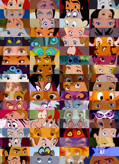 The Eyes Have It: Ariel, Aurora/Briar Rose, Aladdin, Pongo, Cinderella, Evil Queen, Cpt. Hook, Snow White, Jane, Wart/Arthur, Pinocchio, Alice, Dutchess, Jasmine, Charlotte La Bouff, Shan Yu, Maleficent, Kida, Wendy, Rajah, Rapunzel, Sir Hiss, Mushu, Megara, Pocahontas, Prince Naveen, Stitch, Tiana, Ray, Lilo, Belle, Tinkerbell, Mulan, Esmeralda, Robin Hood, Quasimodo, Flynn Rider/Eugene Fitzherbert, Jafar, Tarzan, Mowgli, Lady, Maid Marian, Hades, Oliver, Judge Frollo, Mad Hatter, Ursula, Beast Disney Characters Eyes, Disney Kızları, Disney Eyes, Disney Poster, Princesas Disney Anime, Pocket Princess, Character Drawings, Disney Fanatic, Disney Side