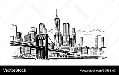 Usa Landmarks, Skyline Tattoo, Brooklyn City, Fantasy World Map, City Vector, American Architecture, Travel Sketches, Nyc Trip, Doodle Drawings