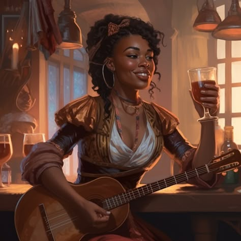 Tavern Barmaid Aesthetic, Dnd Tavern Keeper Art, Elf Tavern Keeper, Poc Fantasy Art, Human Dnd Character, Female Bard, Heroic Fantasy, Dungeons And Dragons Characters, Black Characters