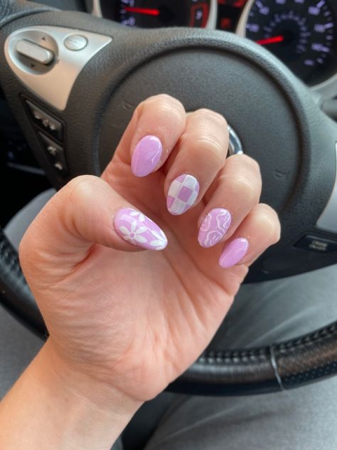 purple nails with smiley faces, smiles, and checkerboard Purple Nails Smiley Face, Purple Checkered Nails, Checkered Nails, Zebra Nails, Purple Nail Designs, Cute Spring Nails, Summery Nails, Nail Stuff, Short Acrylic