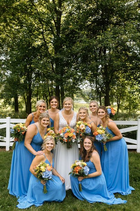 Colorful wedding flowers with bridesmaids in bright blue dresses and bright wedding flowers Electric Blue Bridesmaid Dresses, Bright Blue Wedding Theme, Bright Blue Wedding, Bright Blue Bridesmaid Dresses, Wedding Color Palette Summer, Chelsea Wedding, Colorful Wedding Flowers, Bridesmaid Colors, Bridesmaids Photos