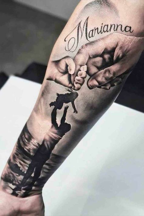 Baby Hand Tattoo, Leg Tattoos For Men, Leg Tattoo Ideas, Father Daughter Tattoos, Father Tattoos, Lion Tattoo Sleeves, Family Tattoo Designs, Realistic Tattoo Sleeve