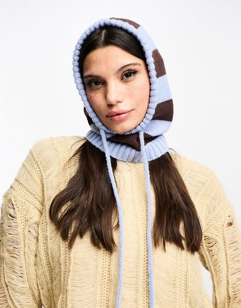 Accessories by Damson Madder Introducing: that cosy feeling Balaclava style Drawstring fastening Striped Balaclava, Camel Wool Coat, Hood Hat, Hooded Cowl, Knitted Balaclava, Mohair Knit, Knitted Hood, Granny Chic, Print Coat