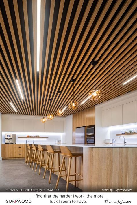 A SUPASLAT slatted ceiling by SUPAWOOD evokes a calming atmosphere in the staff breakout at the Bravura HQ in the Sydney. Wood Slat Patio Ceiling, Drop Ceiling Wood Panel, Wooden Batten Ceiling, Timber Slat Ceiling, Slat Wood Ceiling, Wood Cladding Ceiling, Ceiling Slats, Slatted Ceiling, Bulkhead Ceiling