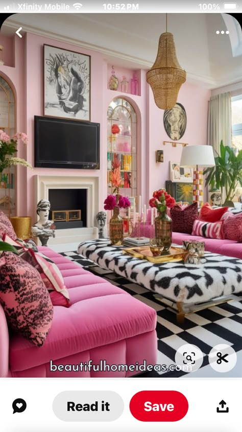 Hot Pink Couch Living Room, Hot Pink Living Room Ideas, Maximist Decor Living Room, Pink Maximalist Living Room, Girly Maximalist Decor, Girly Maximalism, Pink Maximalist Decor, Maximalist Decor Apartments, Eclectic Glam Decor