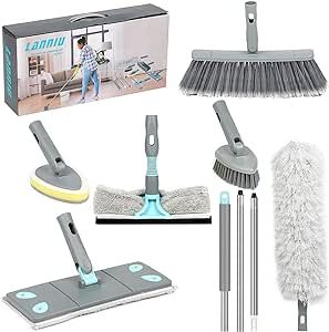 LANNIU Broom and Mop Set,Detachable Broom Set for Household Cleaning,Foldable Broom, Extendable Pole, Fiber Duster, Window Squeegee, Window Scrubber, Sponge Brush, Scrub Brush Clean Ceiling, Wall Cleaner, Tub And Tile, Microfiber Duster, Scouring Pad, Push Broom, Rv Homes, Window Squeegee, House Essentials