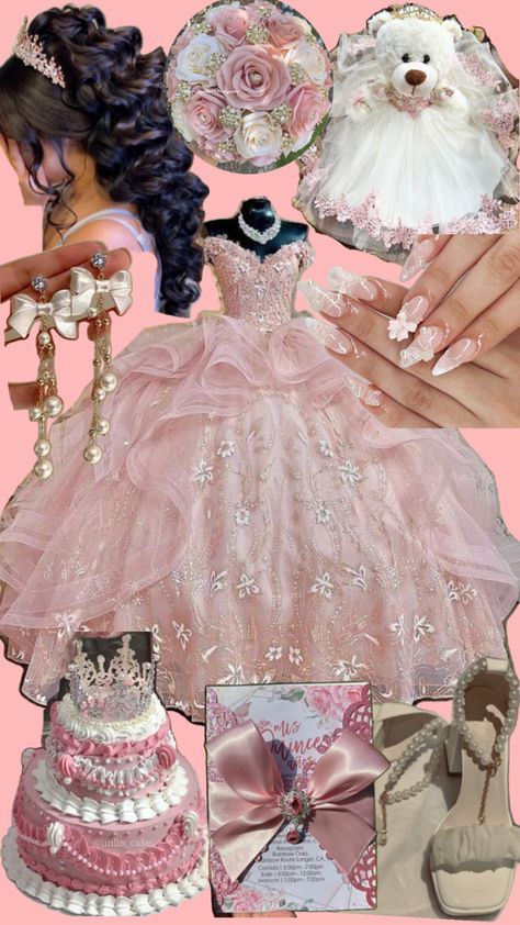 I was board so I made this😀 Quinceanera Dresses Hello Kitty, Pink With Gold Quinceanera Dresses, Blue And Pink Quince Dress, Quinceanera Outfit Ideas, Pink Church Outfits, Pink And Silver Quince, Pink And Silver Quinceanera, Aurora Quinceanera Theme, Quinceanera Ideas Pink