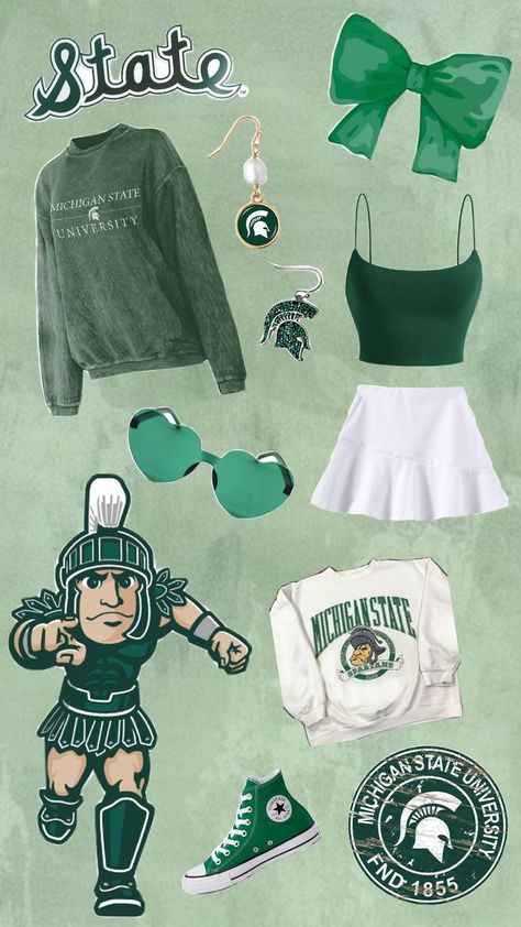 Michigan State University outfits Michigan State Game Day Outfit, Msu Outfit, University Outfits, Sweatshirt Ideas, University Outfit, Michigan Football, Dream College, Dream School, Michigan State University