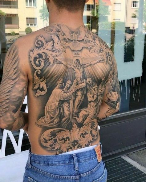 Tattoos For Guys Chest, Christus Tattoo, Natur Tattoo Arm, Chest Tattoo Drawings, Mens Body Tattoos, Backpiece Tattoo, Men Back, Heaven Tattoos, The Best Tattoos