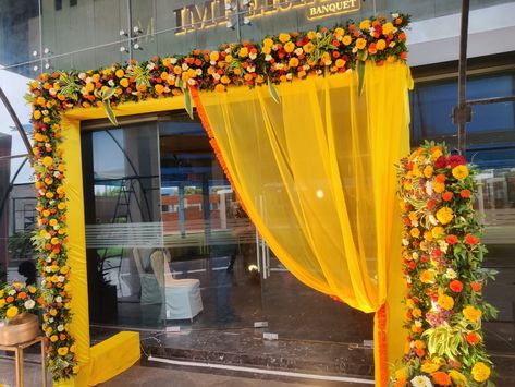 Entry Gate Decoration for Haldi Ceremony Entrance Gates Decoration For Wedding, Decoration For Haldi, Entry Gate Decoration, Haldi Entry, Haldi Entrance, Wedding Gate, Purple Drapes, Entry Gate, Gate Decoration