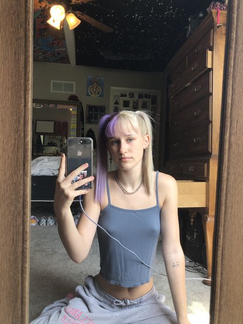 Blonde Purple Split Dye, Purple And White Hair Split, Half Blonde Half Purple Hair, Purple Split Dye, Split Hair Dye, Half Dyed Hair, Split Dye, Split Hair, Colored Hair