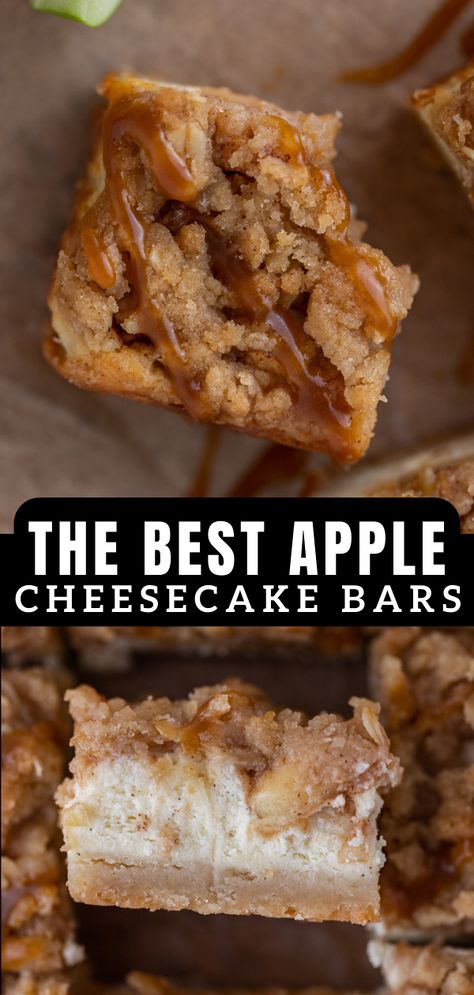 The best Apple Cheesecake bars Apple Cheesecake Bars With Graham Cracker Crust, Cream Cheese Apple Bars, Carmel Apple Cheesecake Bars Recipe, Gluten Free Apple Cheesecake, Carmel Apple Cheesecake Bar, Apple Strudel Cheesecake, Apple Crisp Mini Cheesecake, Apple Desserts With Fresh Apples, Easy Apple Cheesecake