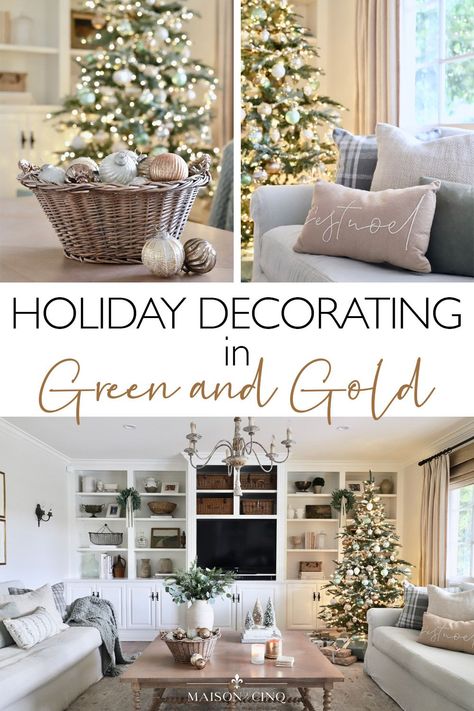 A rich and festive Christmas decor palette of sage green and gold with pops of white! French inspired Christmas Holiday decor ideas---> #maisondecinq holidaydecorating christmastree christmasdecorating neutralchristmas frenchfarmhouse frenchcountry neutraldecorating europeanfarmhouse Green White Tan Christmas Tree, Gold White And Green Christmas Tree, Green Cream And Gold Christmas Decor, Champagne Gold Christmas Decor, Green And Champagne Christmas Decor, Sage Green Christmas Decor Ideas, Sage Green And Gold Christmas Decor, Gold Christmas Decorations Living Room, White Gold And Green Christmas Decor