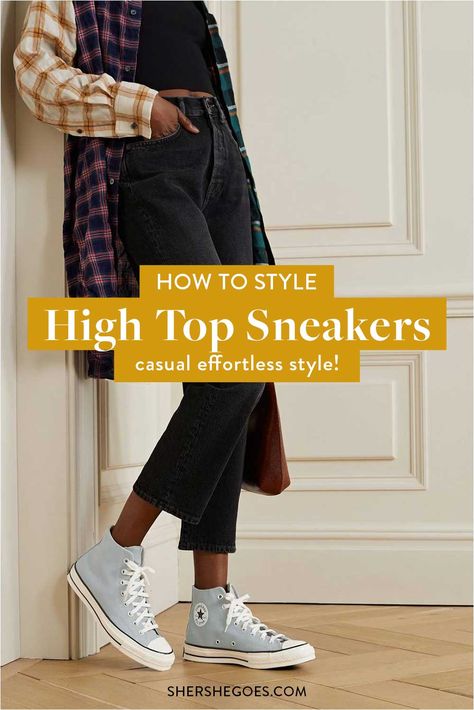 High Top Sneakers Converse Ankle Shoes Outfit, Gola Sneakers High Tops, Hightop Sneaker Outfits Women Casual, Hightop Vans Outfit Winter, Chuck High Tops Outfit, Hightop Sneakers Outfits Women, Converse Hightops Outfit Summer, Styling Chuck Taylors High Tops, Vans Filmore High Top Outfit