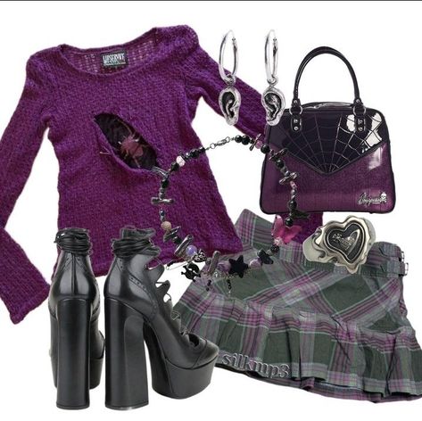 Black And Purple Aesthetic Outfit, 00s Fashion Outfit, Emo Oc, Swaggy Clothes, Y2k Stuff, Descendants Dr, Creepy Cute Fashion, 2000s Japanese Fashion, Purple Outfit