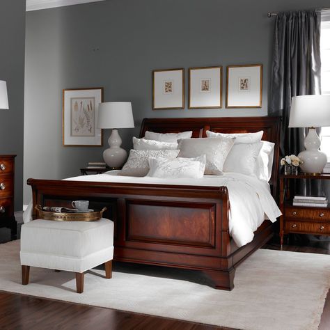 Find Brown Bedroom Furniture. You can't go wrong with brown bedroom furniture. It isn't as claustrophobic as black, and not as overwhelming as white. It is a happy medium in bedroom furniture colors. Apply a white bedding set, and the chocolate tint of the furniture is drawn out, creating a warm and peaceful … Dark Wood Bedroom Furniture, Dark Wood Bedroom, Dark Wood Bed, Dark Brown Furniture, Brown Furniture Bedroom, Dark Bedroom Furniture, Cherry Wood Furniture, Grey Bedroom Furniture, Furnitur Ruang Keluarga