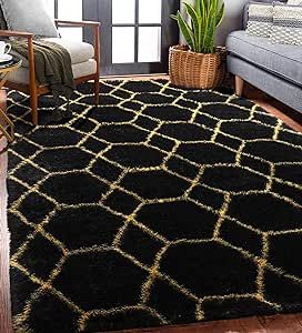 Black And Gold Rug, Black And Gold Living Room, Fluffy Area Rug, Comfy Rugs, Entry Room, Neutral Carpet, Gold Living Room, Trellis Rug, Boho Area Rug