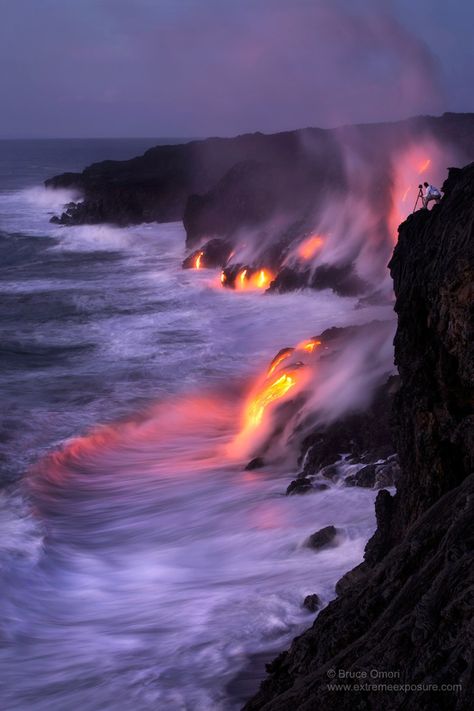 Lava exits a tube and flows into the sea, creating another new black sand beach and delta of land, forever altering the Big Island's coastline. - photos by Bruce Omori Erupting Volcano, Resin Paint, Lava Flow, Sea Photo, Jolie Photo, Big Island, Science And Nature, Amazing Nature, 그림 그리기