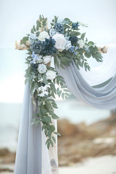 Romantic Wedding Arch, Sweetheart Table Flowers, Wedding Arch Draping, Arch Draping, Decorations For Wedding, Blue Beach Wedding, Blue Wedding Decorations, Light Blue Wedding, Wedding Arch Flowers