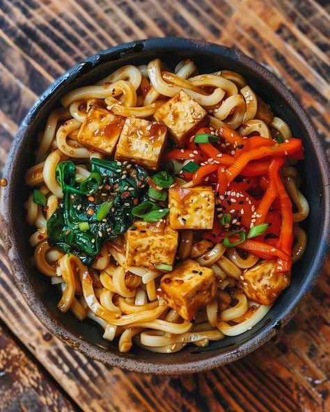 Vegan Udon Noodle Bowl🌱🍜 This comforting and flavourful vegan Udon Noodle Bowl is the hug in a bowl that you've been needing!🤤 Follow @plantiful.palate for more recipes🗒️ Recipe: Ingredients: - 200g firm tofu, cubed - 200g udon noodles - 1 red pepper, thinly sliced - 100g spinach - 2 spring onions, chopped - 2 tbsp soy sauce - 1 tbsp hoisin sauce - 1 tbsp sesame oil - 1 tbsp vegetable oil (for frying) - 1 tsp sesame seeds - 1 tsp red chilli flakes (optional) Method: 1. Cook the udon nood... Udon Noodle Recipe Tofu, Vegan Udon Noodle Recipe, Tofu Udon, Udon Noodle Bowl, Vegan Udon Noodles, Vegan Udon, Udon Noodles Recipe, Udon Noodle, Firm Tofu