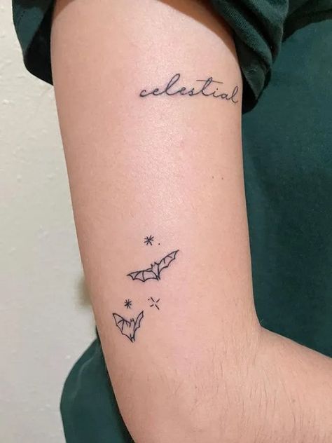 Cute Small Spooky Tattoos, Halloween Wrist Tattoos For Women, Tell Me Tomorrow Tattoo, Micro Bat Tattoo, Minimalist Spooky Tattoo, Line Work Bat Tattoo, Tiny Vampire Tattoo, Fine Line Spooky Tattoo, Bat Fine Line Tattoo