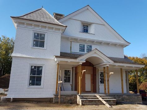 White Cedar Shake Siding, White Windows Exterior, Cedar Shake House, Stained Brick, Exterior Home Renovation, Cedar Shingle Siding, Cedar Shake Siding, Eastern White Cedar, Cedar Shingle