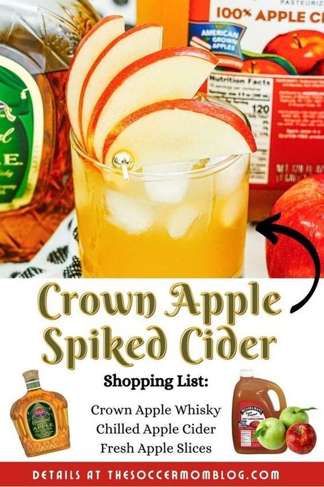 Apple Crown Drinks Recipes, Crown Apple Cider, Apple Crown Royal Drinks, Apple Cider Drinks Alcohol, Homemade Crown, Spiked Apple Cider Recipe, Apple Cider Ingredients, Cold Apple Cider, Crown Royal Apple