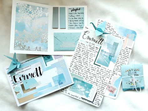 Scrapbook Ideas Blue Theme, Letter Design Ideas Cards Vintage, Scrapbook Blue Theme, Journal Blue Theme, Letter Friend, Light Blue Theme, Book Wrapping, Penpal Ideas, Snail Mail Letters