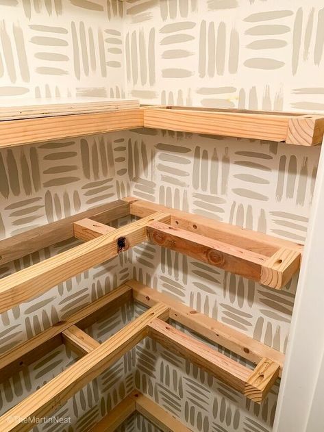 Have a spare closet that isn’t living it’s best life? Or maybe it’s just not serving you in the best way? You can turn it into a functional pantry with these DIY floating corner pantry shelves. Who says a pantry can’t be beautiful too? When we moved in this hall closet had the same standard wire shelving that you’ll find in most closets. Durable, but not always the most functional or pretty. Things would get lost in the depth of the shelving, and fall over on the wires. I am f… Wrap Around Pantry Shelves, Small Pantry Wood Shelving Ideas, Replacing Pantry Shelves, Pine Pantry Shelves, Heavy Duty Pantry Shelves, Pantry L Shaped Shelves, L Shaped Pantry Shelves, Turn Closet Into Bookshelves, U Shaped Pantry Shelves