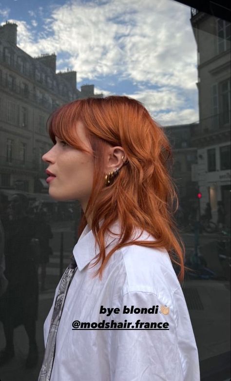 Cool Shag Haircut, Ginger Hair With Root Smudge, Ginger Hair 2023, Wolf Haircut Red Hair, Dense Curtain Bangs, Rene Haircut, Shag Haircut Red Hair, Brown To Orange Balayage, Ginger Mullet Women