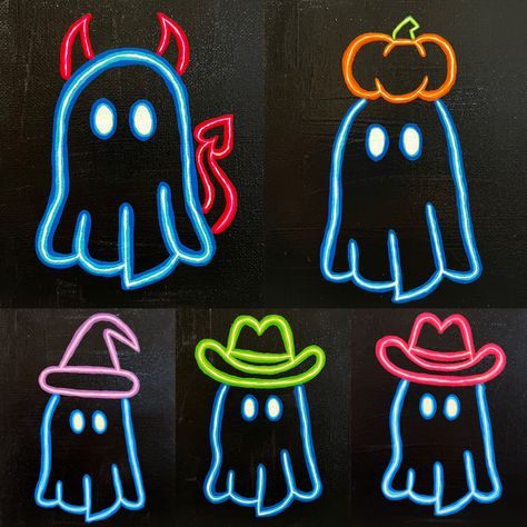 Pumpkin Glow In The Dark Painting Ideas, Pumpkin Painting Ideas Glow In The Dark, Halloween Neon Painting, Neon Sign Acrylic Painting, How To Make Glowing Art, Glow In The Dark Painted Pumpkins, Neon Ghost Painting, Black Canvas Neon Paintings, Chalk Art Halloween Ideas